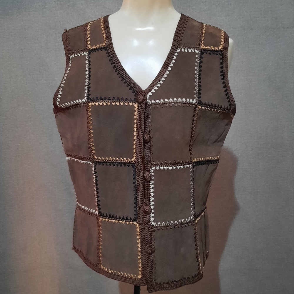 Vintage Brown Suede Patchwork Crochet Button Down Vest sz S
